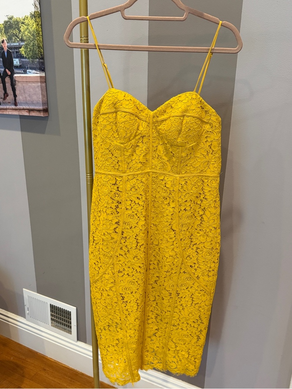 Bardot Yellow Lace Midi Dress with Spaghetti Straps